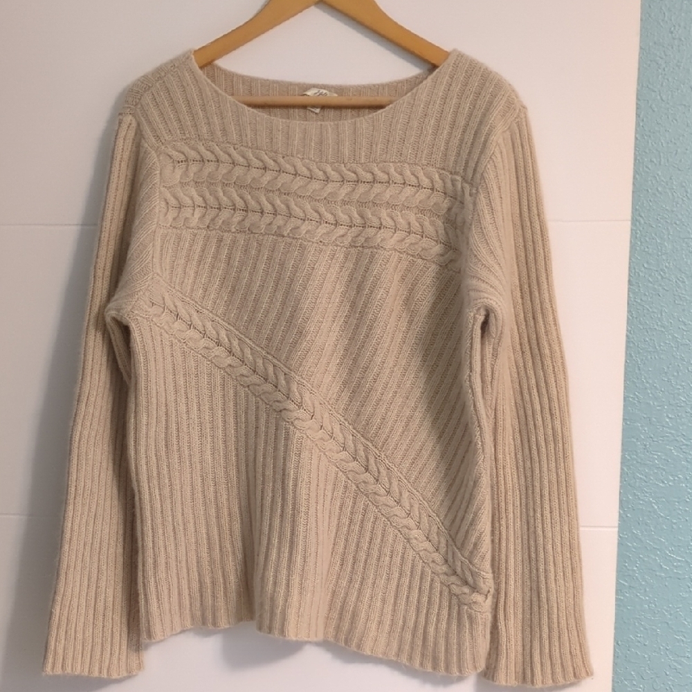j.jill Women's Cream Cable Knit Wool Blend Sweater Round Neck Sz XL